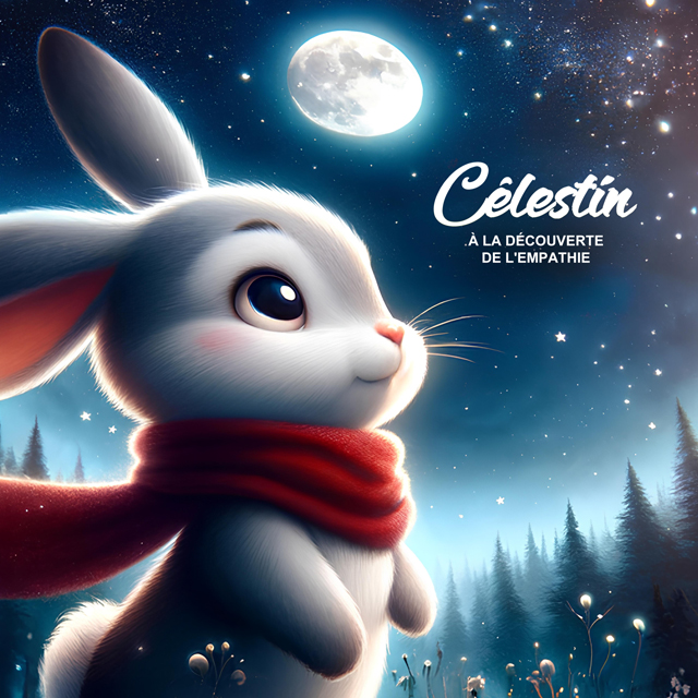 Couverture du livre pour enfants "Célestin à la Découverte de l'Empathie" montrant un jeune lapin contemplatif sous une lune brillante dans une forêt enchantée.