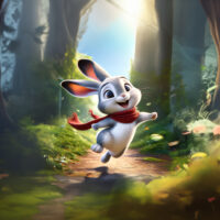 Célestin le lapin courant joyeusement dans une forêt ensoleillée, illustration du livre "Célestin à la découverte de l'empathie".