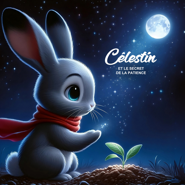 Couverture du livre pour les enfants de 3 à 8 ans "Célestin et le Secret de la Patience" avec Célestin observant une jeune fleur sous la lumière de la lune.
