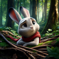 Célestin, le lapin, motivé et persévérant, entreprend de reconstruire le lieu de rassemblement des animaux de la forêt enchantée après une tempête.