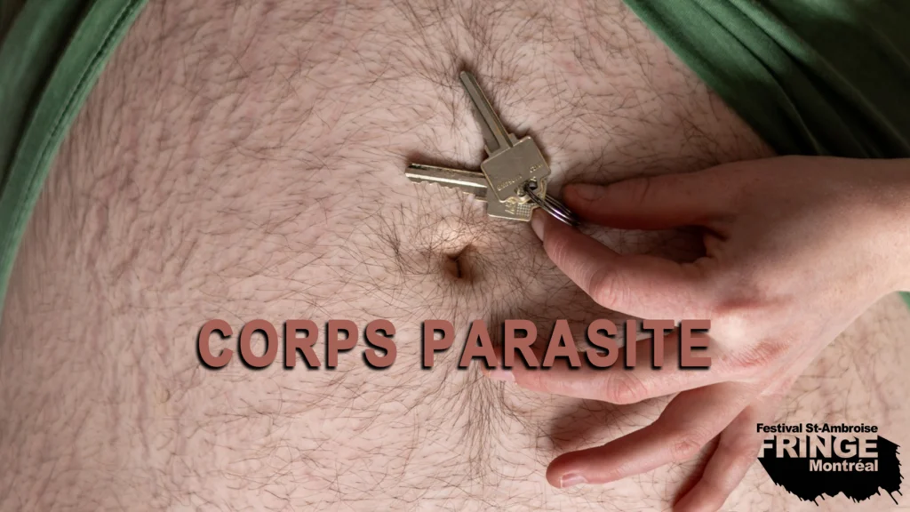 Visuel de la pièce Corps parasite au Fringe Montréal : main et clés, un nombril masculin.