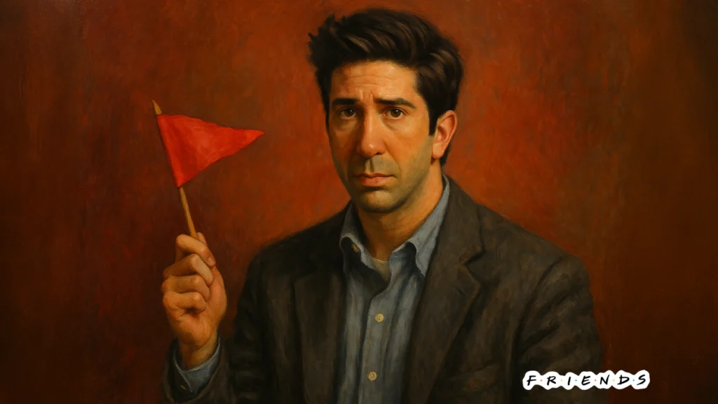 Ross Geller de Friends brandit un drapeau rouge, représentation symbolique de comportements toxiques déguisés en romantisme.