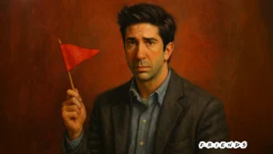 Ross Geller de Friends brandit un drapeau rouge, représentation symbolique de comportements toxiques déguisés en romantisme.