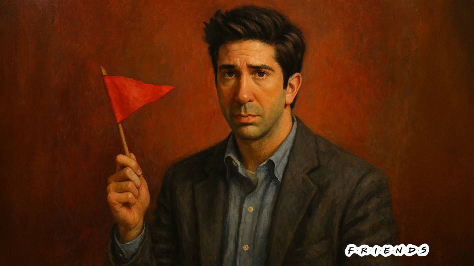 Ross Geller de Friends brandit un drapeau rouge, représentation symbolique de comportements toxiques déguisés en romantisme.
