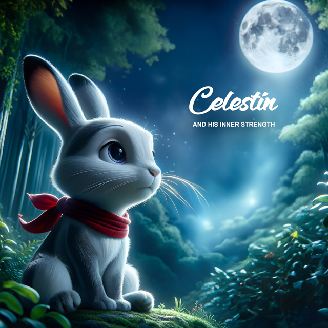 Celestin the bunny standing brave under the moonlight in a forest, representing courage and inner strength.
