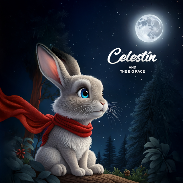 Celestin the bunny focused and ready for the big race, under a glowing full moon in a dark forest