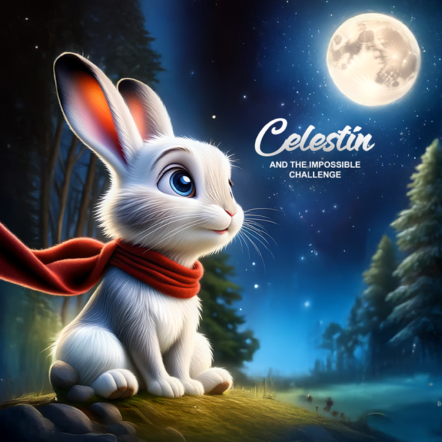 Celestin the bunny looking determined under a moonlit sky, facing a daunting path ahead, symbolizing courage and hope.
