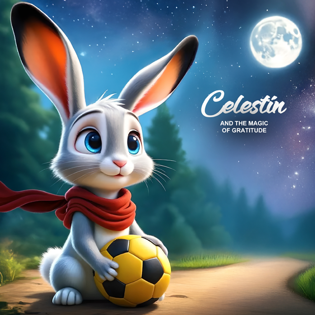 Celestin the bunny holding a soccer ball under the night sky, representing joy and the magic of gratitude.