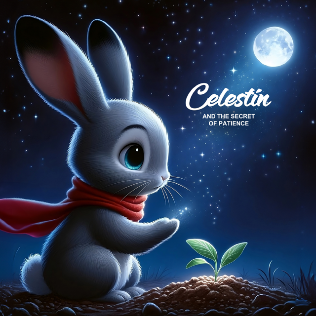Celestin the bunny calmly watching a sprout under a starry sky, symbolizing patience and growth.
