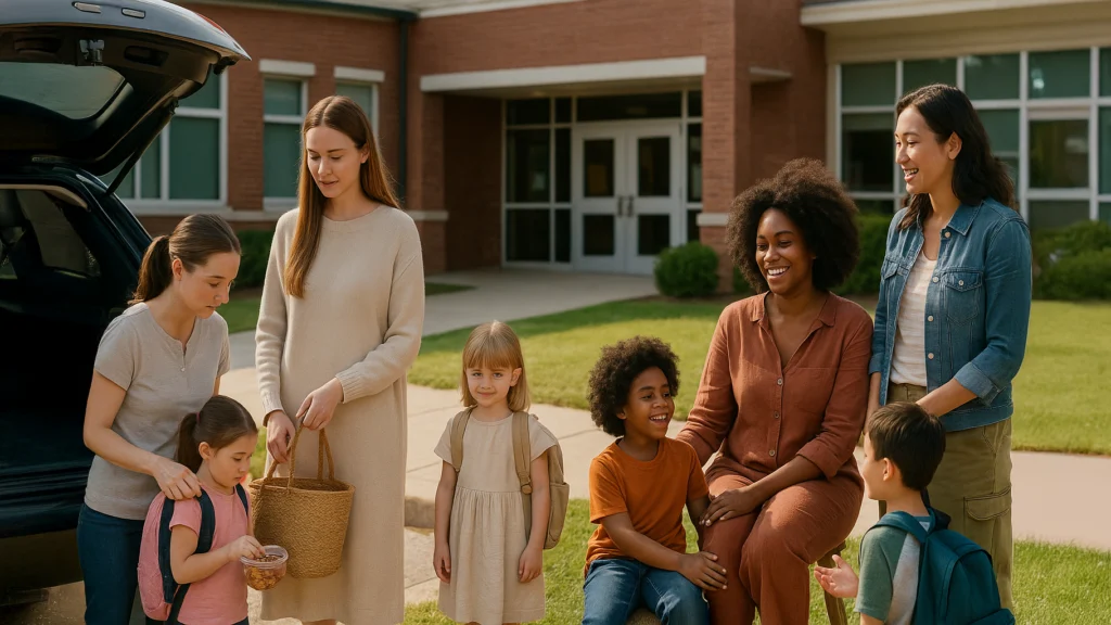 Groupe de mères accompagnant leurs enfants à l’école primaire, illustrant la diversité des styles parentaux lors du moment du dépôt scolaire.