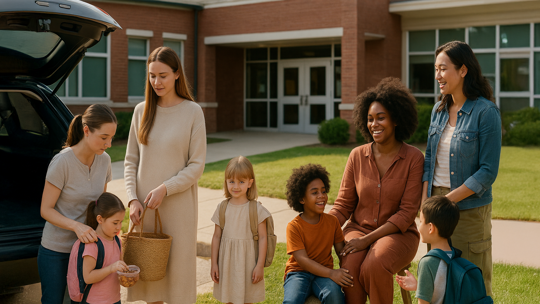 Groupe de mères accompagnant leurs enfants à l’école primaire, illustrant la diversité des styles parentaux lors du moment du dépôt scolaire.