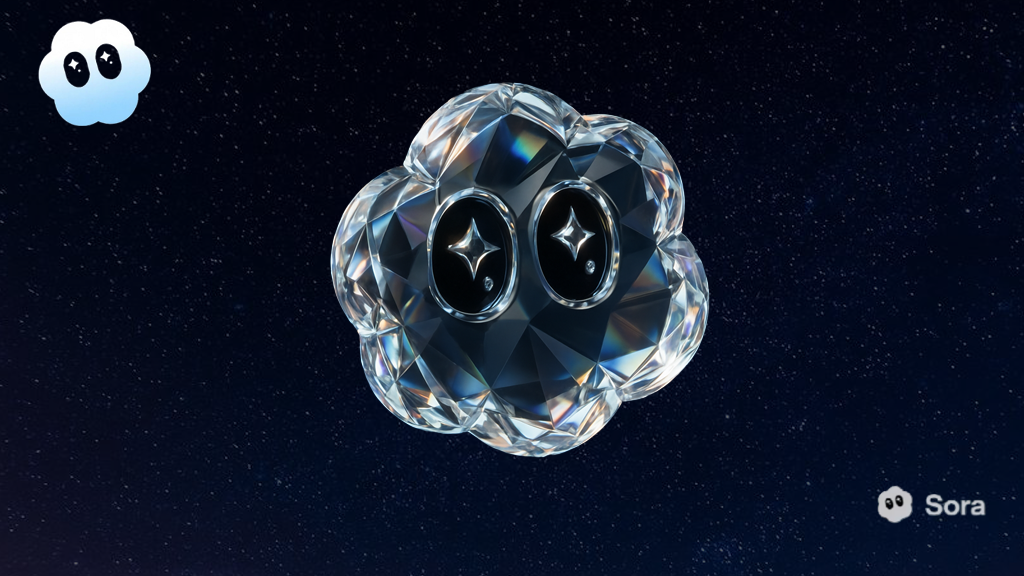 Logo Sora 2 d'OpenAI en forme de nuage cristallin avec des yeux brillants sur fond étoilé