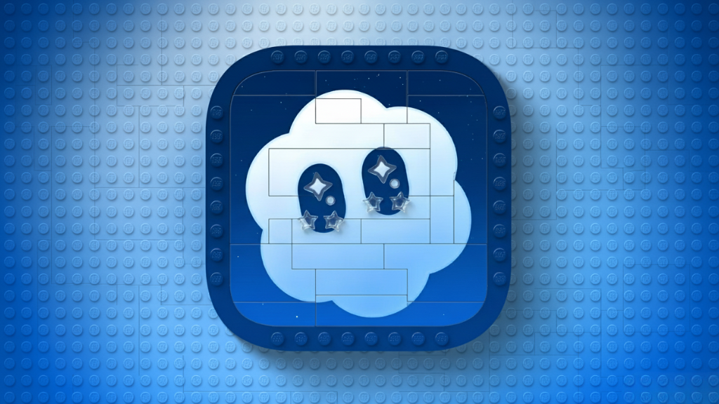 Icône nuage de Sora 2 en briques Lego bleues sur fond de plaques à picots, style jouet lumineux.