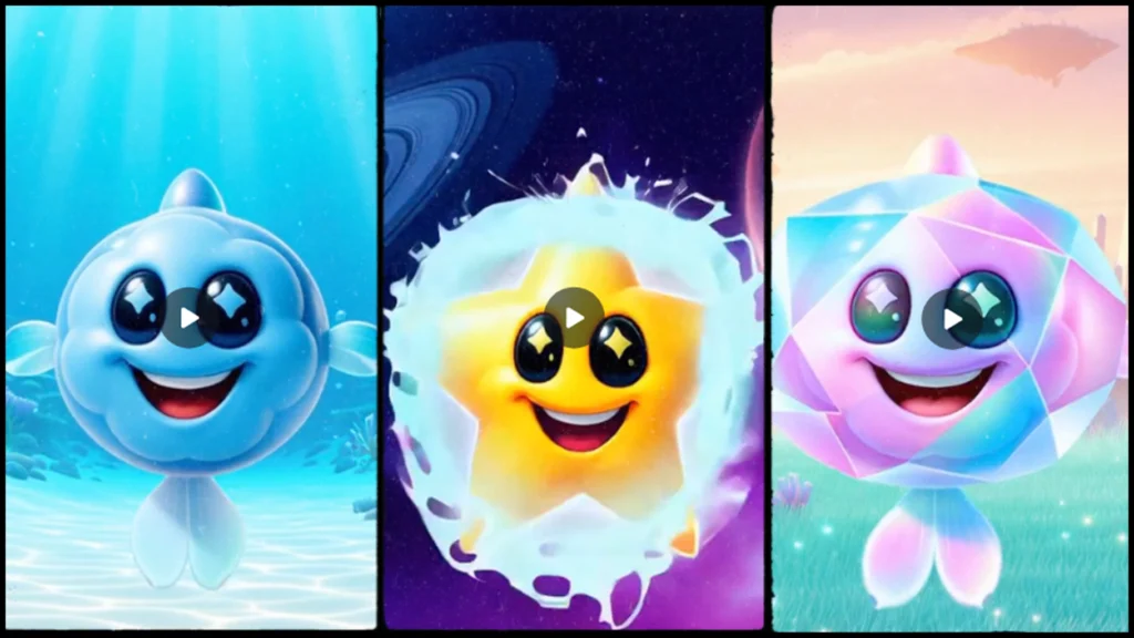 Illustration colorée de trois personnages Sora alignés, représentant l’assemblage de plusieurs clips vidéo IA en une seule séquence.