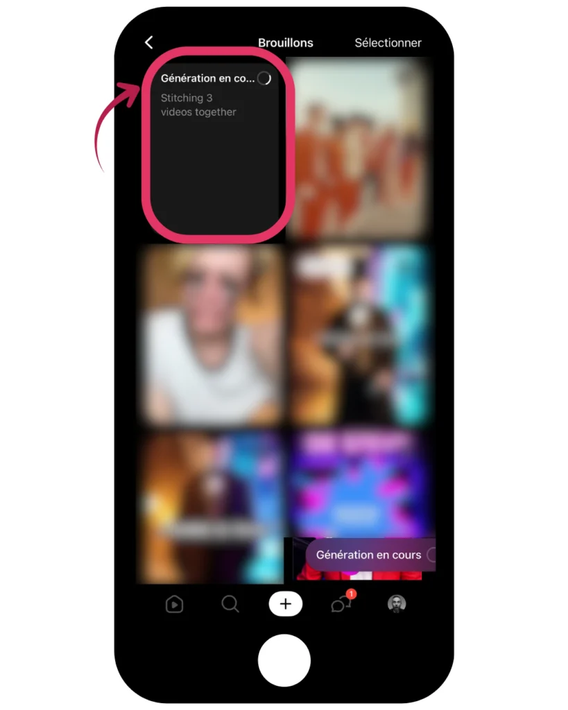 Capture d’écran de l’onglet Brouillons de Sora affichant une vidéo en génération avec la mention Stitching 3 videos together.