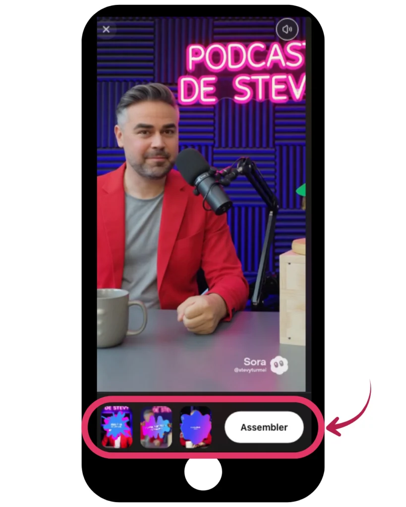 Capture d’écran de Sora affichant une vidéo en plein écran avec la timeline de plusieurs clips et le bouton Assemblage pour créer une séquence continue.