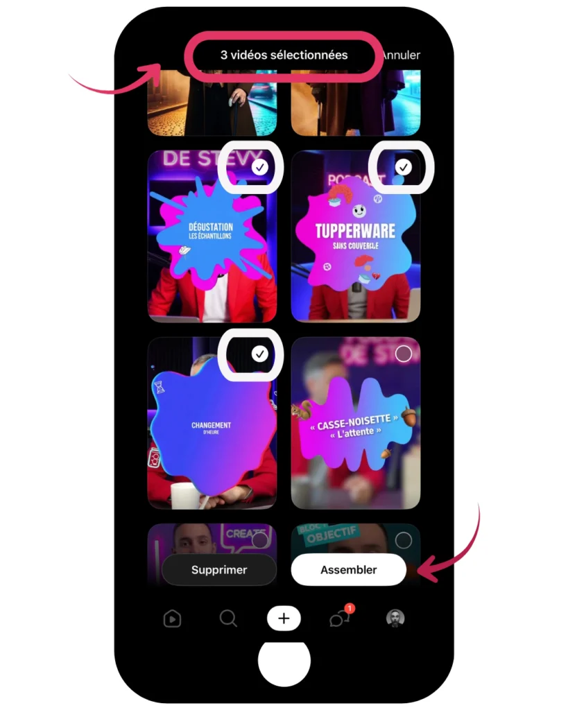 Capture d’écran de Sora montrant trois vidéos brouillons sélectionnées et le bouton Assemblage pour créer un mini-film IA.