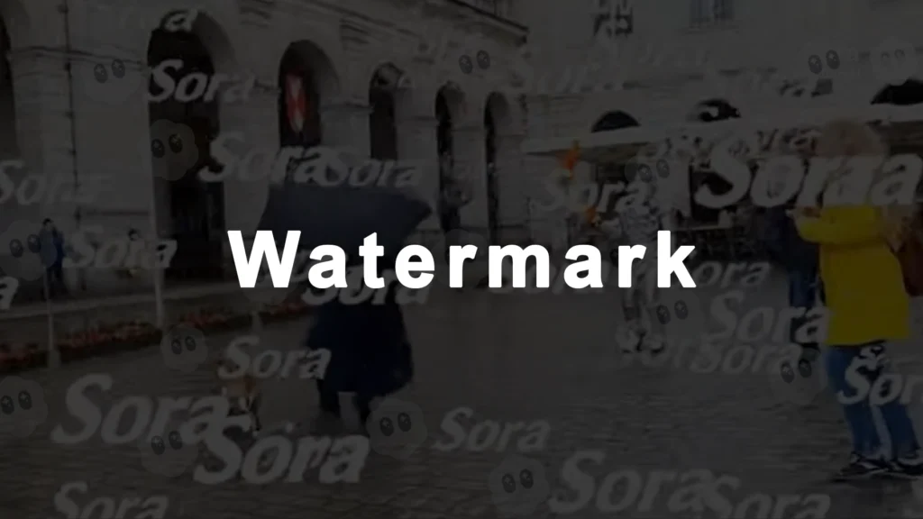 Mot “Watermark” au centre d’une scène de rue; logos “Sora” répétés en filigrane illustrant un watermark sur une vidéo générée par IA.