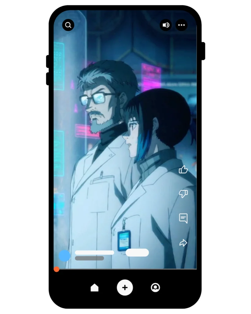 Deux scientifiques en style anime observant des écrans holographiques bleus dans un laboratoire, interface vidéo mobile.