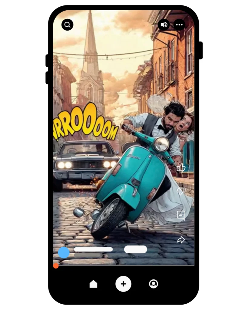 Jeunes mariés sur une Vespa turquoise poursuivis par une voiture, onomatopée URROOOM en style BD, interface vidéo mobile.