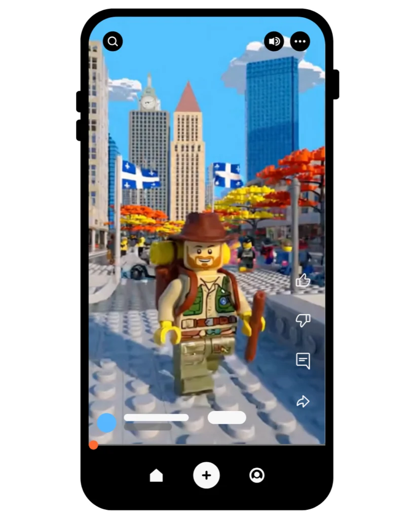 Explorateur Lego marchant dans une rue de Montréal, drapeaux du Québec et gratte-ciel, interface vidéo mobile.