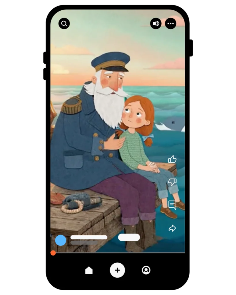 Animation style papier découpé, vieux marin parlant à une fillette sur un quai, mer au coucher du soleil, interface vidéo mobile.