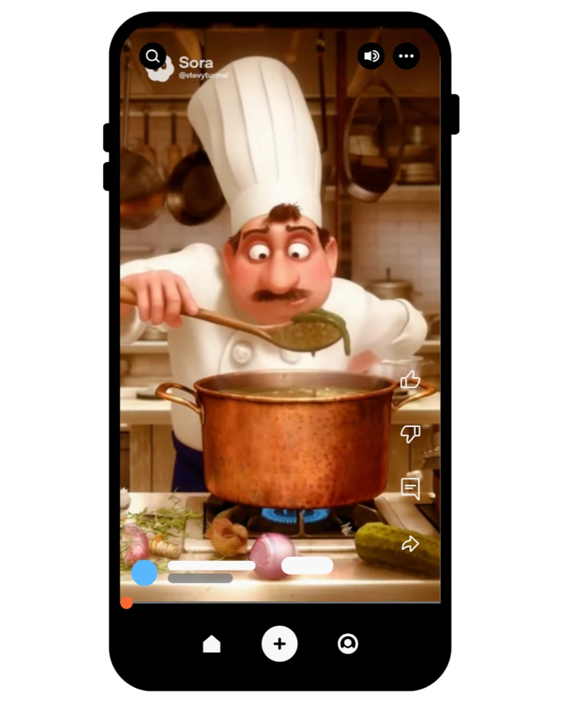 Chef cuisinier cartoon goûtant une soupe dans une grande marmite en cuivre, expression surprise, interface vidéo mobile.