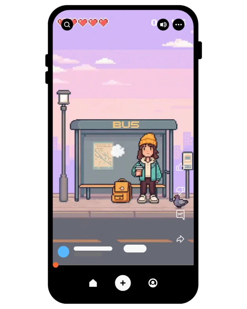 Scène pixel art d’une jeune personne à un arrêt de bus avec café et sac à dos, pigeons et ciel rose, interface vidéo mobile.