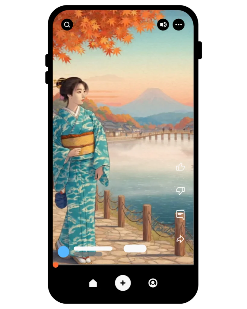 Jeune femme en kimono sur une promenade au bord d’un lac, érables orange et montagne lointaine, style Ukiyo-E, interface vidéo mobile.