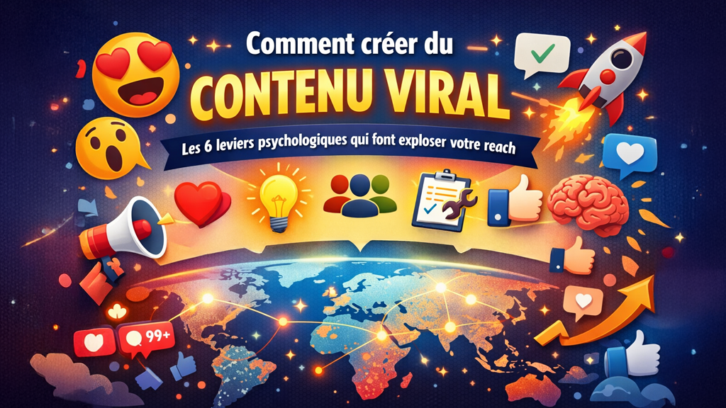 Illustration représentant les mécanismes psychologiques de la viralité sur les réseaux sociaux, émotions, partage, identité sociale et propagation mondiale du contenu.