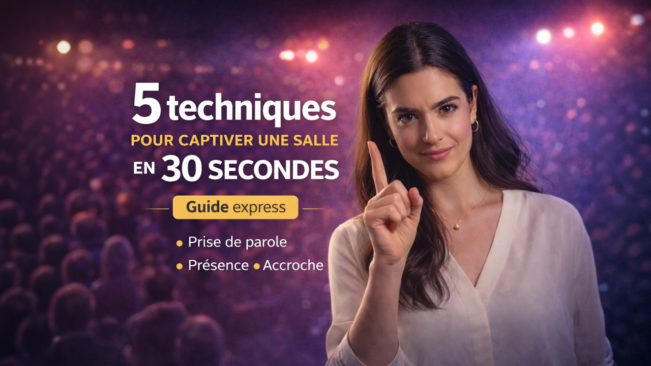 Oratrice confiante sur scène captant l’attention d’une salle en 30 secondes