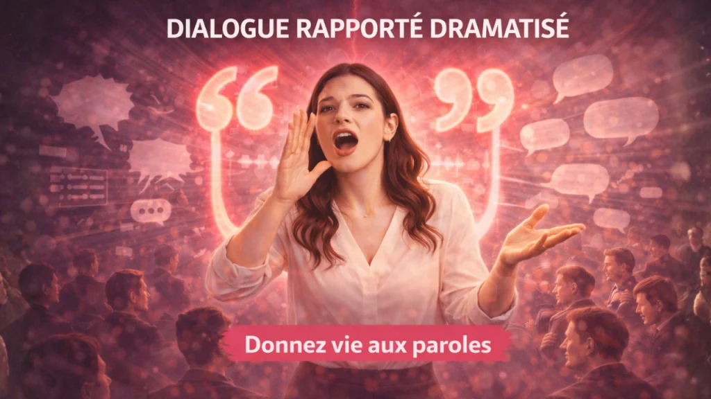 Femme enseignant la technique d'éloquence de dialogue rapporté dramatisé pour illustrer situations avec citations directes vivantes.