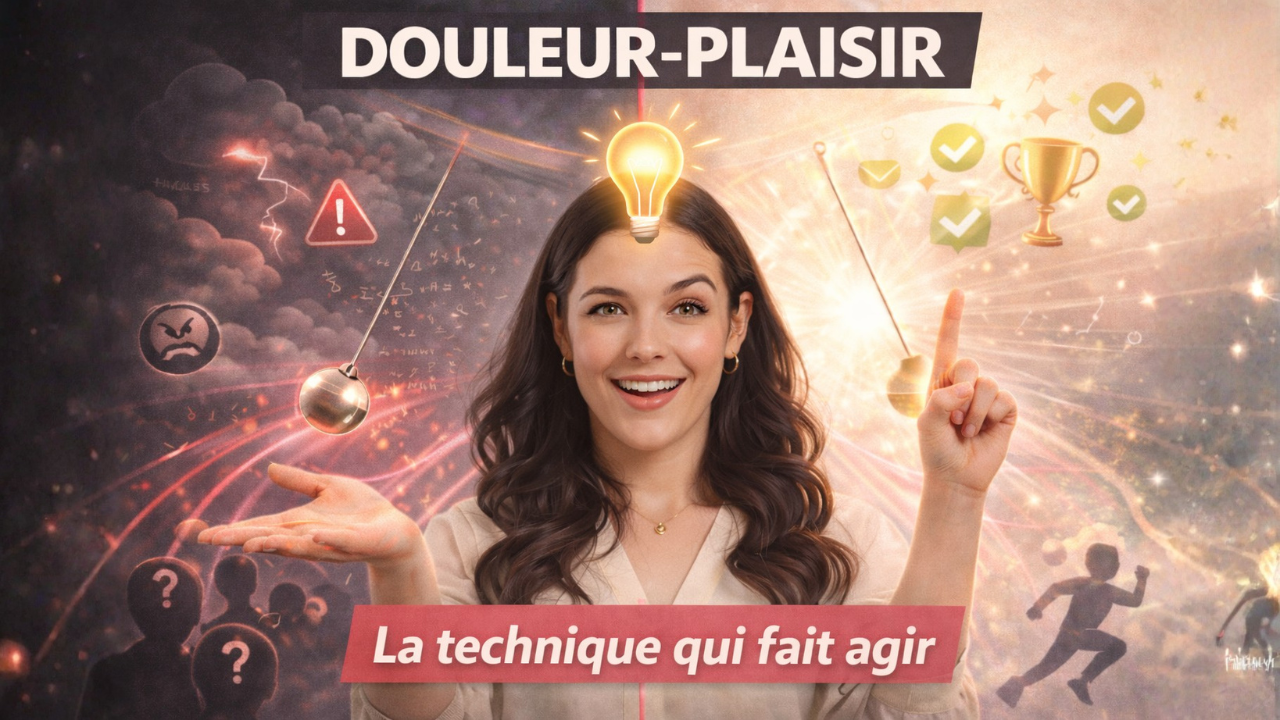 Femme enseignant la technique d'éloquence bénéfice-douleur pour persuader et motiver l'audience à agir.