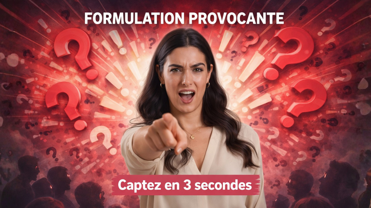 Femme enseignant la technique d'éloquence de formulation provocante pour capter l'attention instantanément avec questions choc.