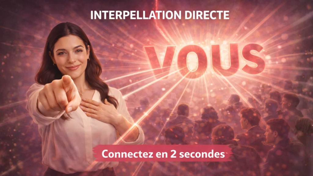 Femme enseignant la technique d'éloquence d'interpellation directe utilisant le VOUS pour créer connexion personnelle instantanée.