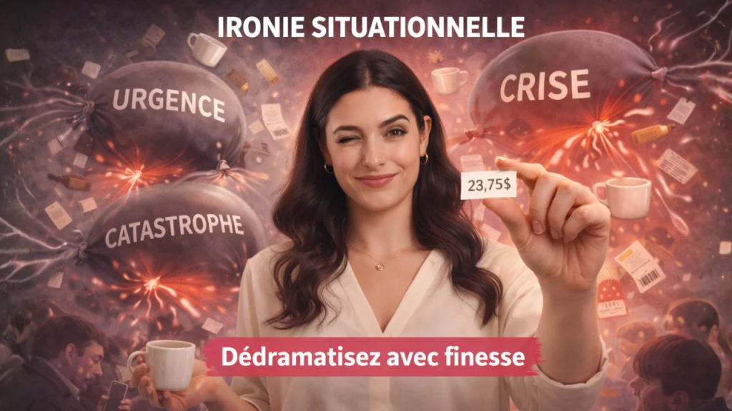 Femme enseignant la technique d'éloquence d'ironie situationnelle pour dédramatiser tensions avec humour intelligent.