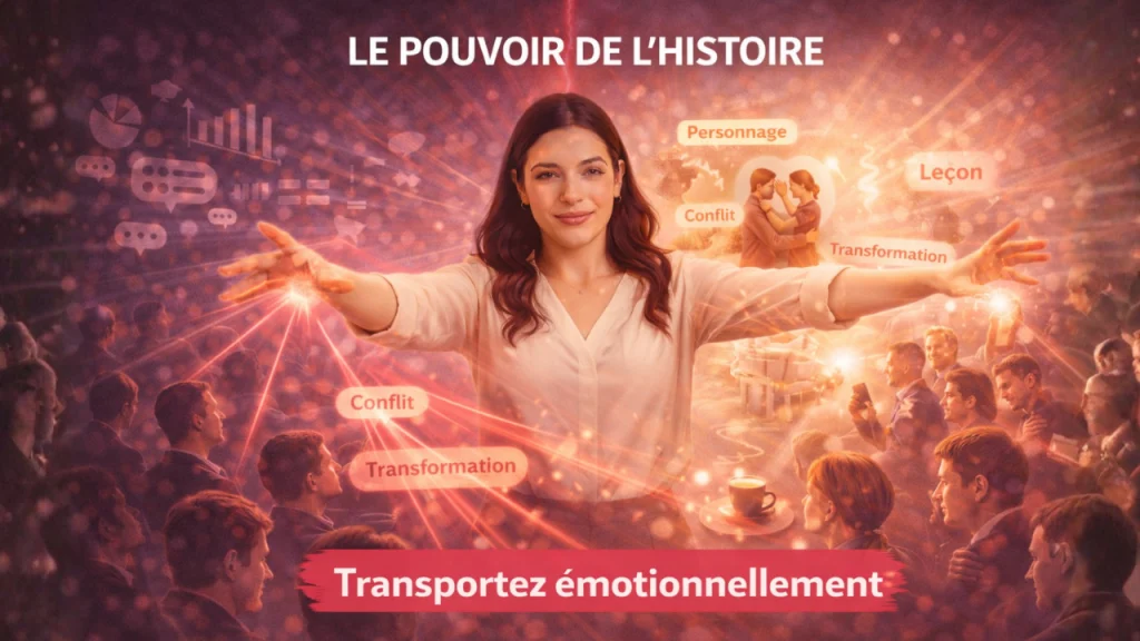 Metaphore-narrative-immersive Femme enseignant la technique d'éloquence de métaphore narrative immersive pour créer empathie avec histoires sensorielles émotionnelles.