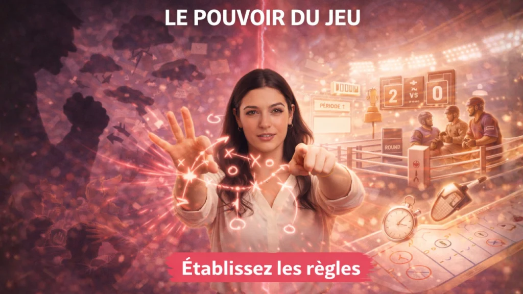 Femme enseignant la technique d'éloquence de métaphore sportive pour transformer confrontations verbales en compétitions structurées.