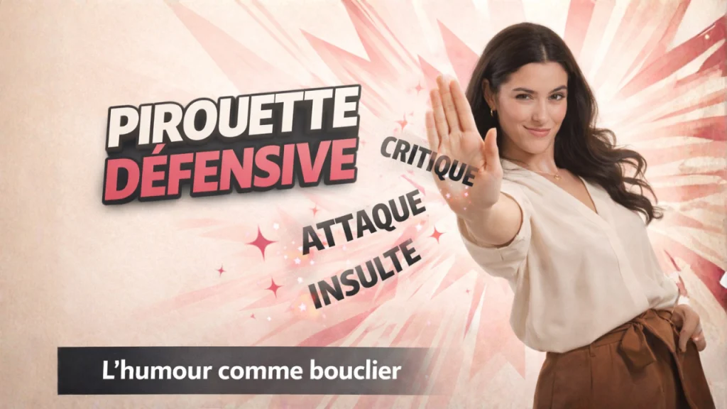 Pirouette-defensive Femme repoussant des mots comme critique, attaque et insulte avec humour : pirouette défensive.