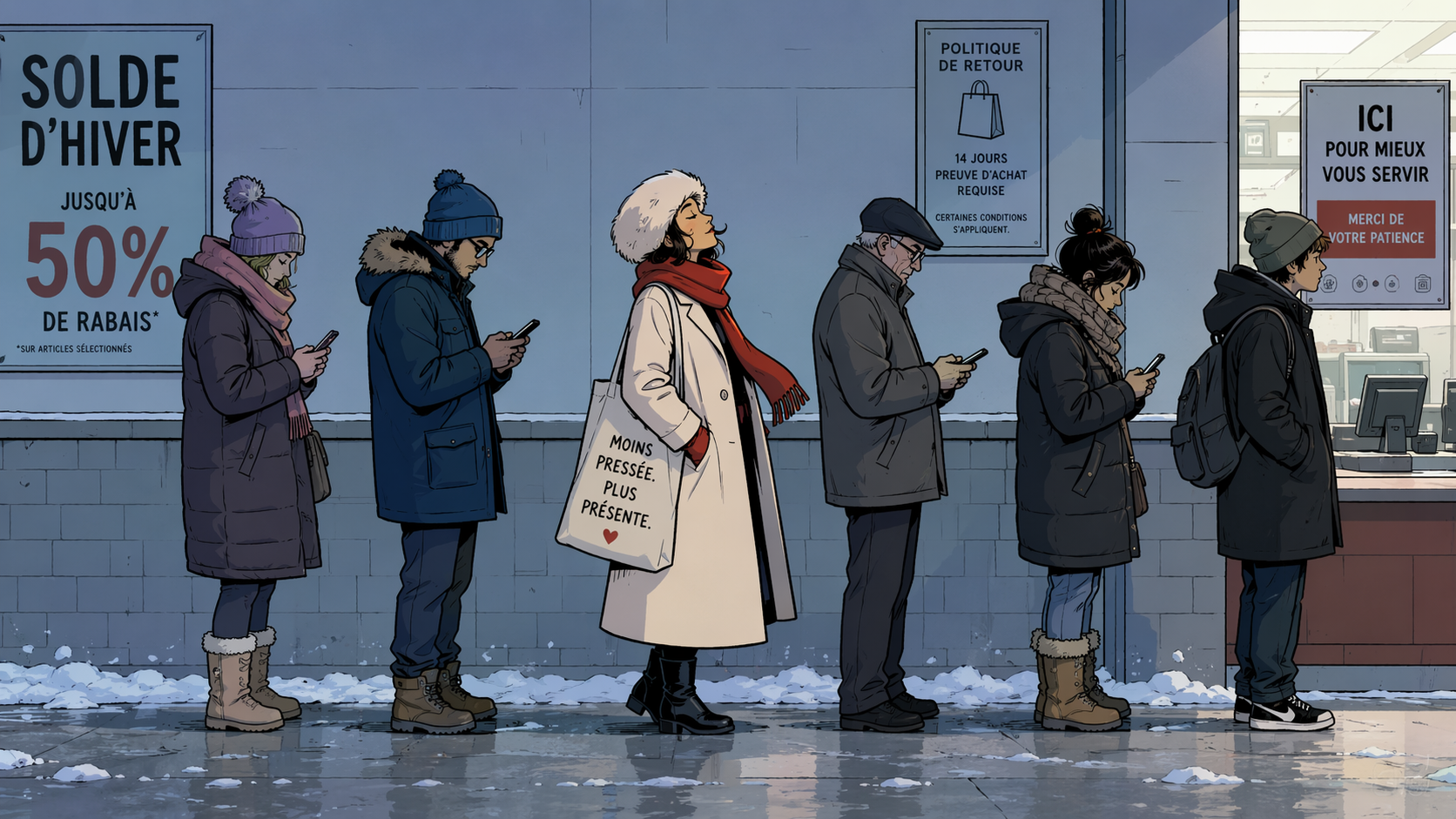 File d'attente dans un commerce québécois hivernal — six personnes regardent leur téléphone tandis qu'une figure se glisse discrètement en avant