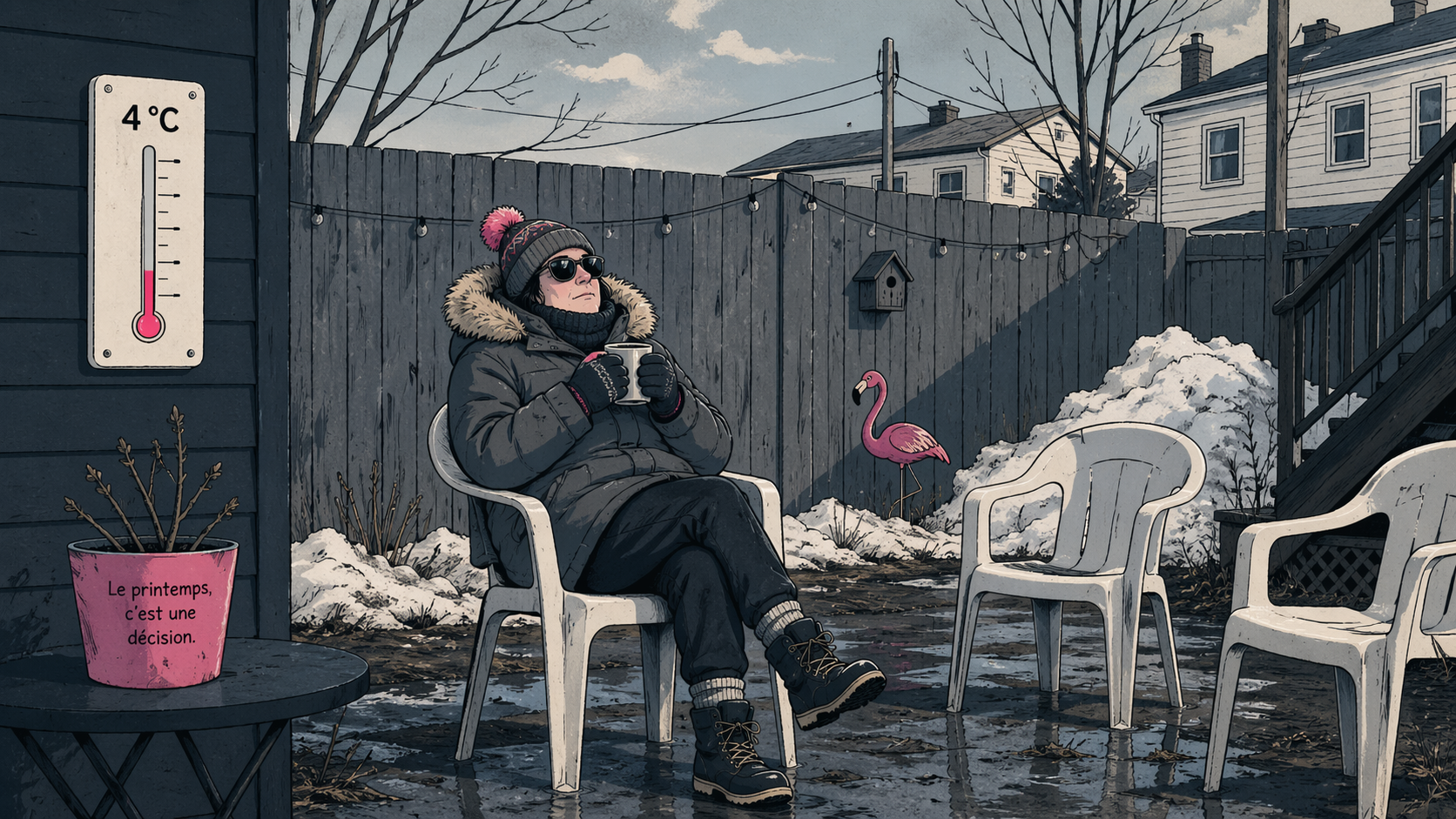 Personne emmitouflée assise sur un patio à 4 degrés en avril au Québec, café à deux mains, neige résiduelle au sol