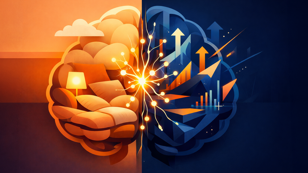 Illustration conceptuelle d’un cerveau séparé en deux, avec à gauche une zone douce et confortable d'étude, et à droite un univers dynamique symbolisant l’apprentissage efficace.