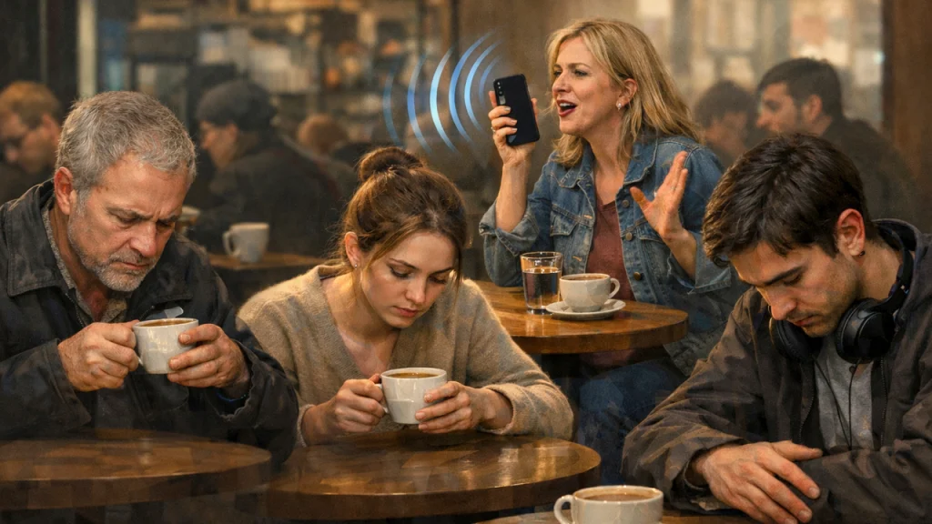 Téléphone en mode haut-parleur sur une table de café, entouré de mains figées tenant des tasses, personne ne se regarde.