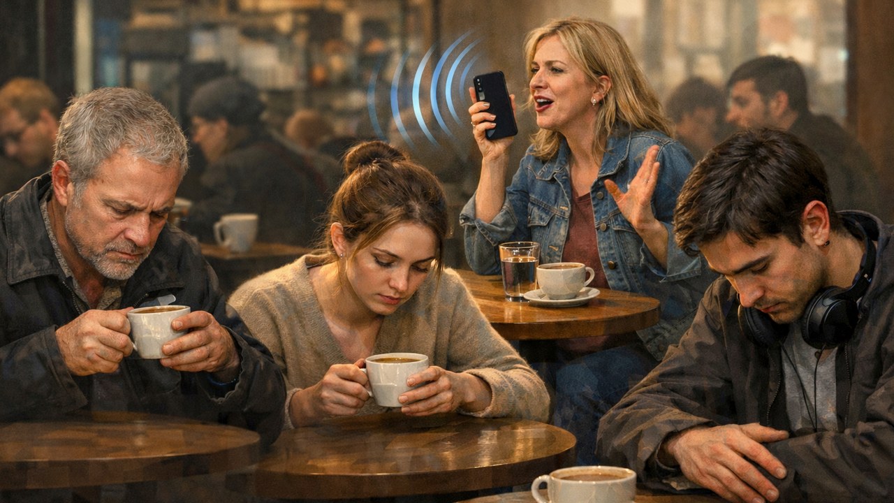Téléphone en mode haut-parleur sur une table de café, entouré de mains figées tenant des tasses, personne ne se regarde.