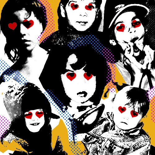 Affiche pop art du spectacle Lettres d'amour queer montrant des photos d'enfance des créateur·ices du Collectif Nu·e·s avec des cœurs rouges sur les yeux.